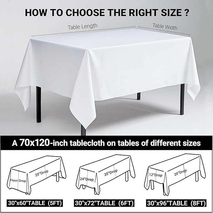 MRJ 6 Pack White Rectangle Tablecloth 70 X 120 Inch Stain and Wrinkle Resistant Table Clothes for Barbecue Picnic Dining Table Cover