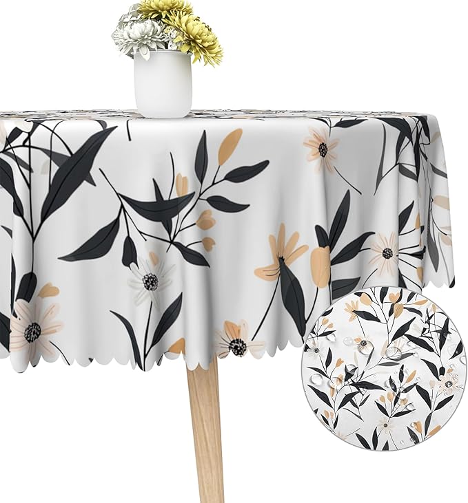 Floral Round Tablecloth Black and Yellow Leaves Flowers Circle Table Cloth Perfect for Spring Home Decor 70 Inch Botanical Waterproof Resistant Circle Table Cover for Kitchen Dining Room