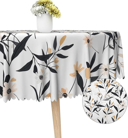 Floral Round Tablecloth Black and Yellow Leaves Flowers Circle Table Cloth Perfect for Spring Home Decor 70 Inch Botanical Waterproof Resistant Circle Table Cover for Kitchen Dining Room