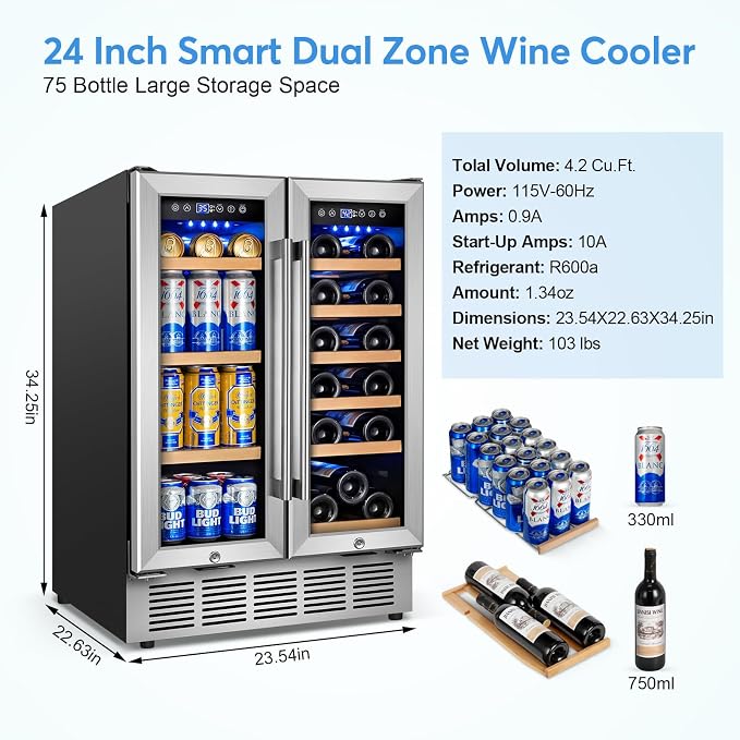 24" Dual Zone Wine and Beverage Refrigerator, Under Counter with Glass Door | 18-Bottle 88-Can capacity, Fast cooling, LED blue light, Temp control, Energy efficient compressor, Freestanding or built-in