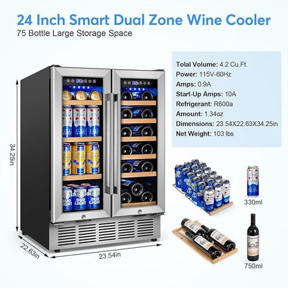 24" Dual Zone Wine and Beverage Refrigerator, Under Counter with Glass Door | 18-Bottle 88-Can capacity, Fast cooling, LED blue light, Temp control, Energy efficient compressor, Freestanding or built-in