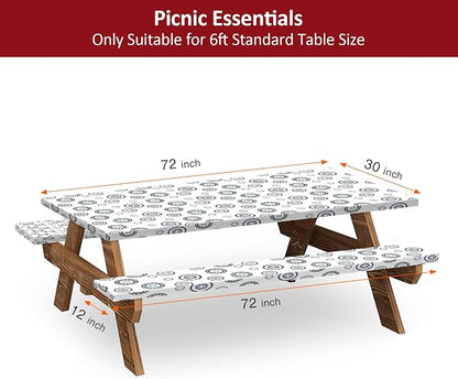 6ft 72in Picnic Table and Bench Cover, 3 Pack, Blue Flywheel | Drawstring Bag, Waterproof Windproof, Elastic Fitted Edges Tablecloth, for Rectangle Table & Seat, Camping Essentials RV Gear