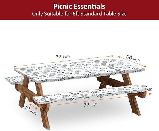 6ft 72in Picnic Table and Bench Cover, 3 Pack, Blue Flywheel | Drawstring Bag, Waterproof Windproof, Elastic Fitted Edges Tablecloth, for Rectangle Table & Seat, Camping Essentials RV Gear
