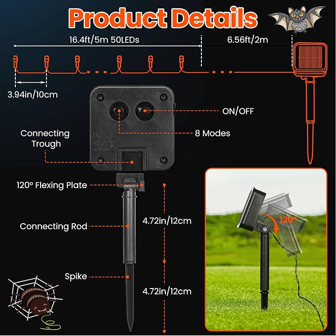 Orange Lights for Halloween Outdoor Solar String Lights Waterproof for Halloween Decorations, Total 100LED 45FT for Garden Yard Pathway Fence, 8 Modes 50LED x 2 Packs
