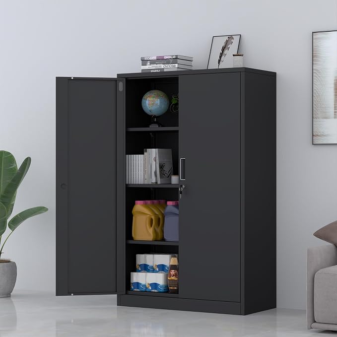 Metal Storage Cabinet with Locking Doors and 3 Adjustable Shelves, 53.5-Inch Tall Lockable Steel Storage Cabinets for Home Office Garage Pantry (Black)