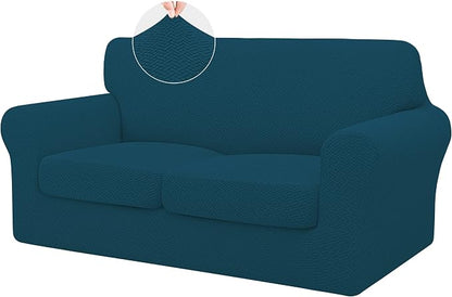 ISSUNTEX 3 Pieces High Stretch Thicken Loveseat Couch Covers, Soft Sofa Slipcover for 2 Separate Cushion Couch, Jacquard Fabric Elastic Sofa Cover Furniture Protector for Dogs (Loveseat, Peacock Blue)