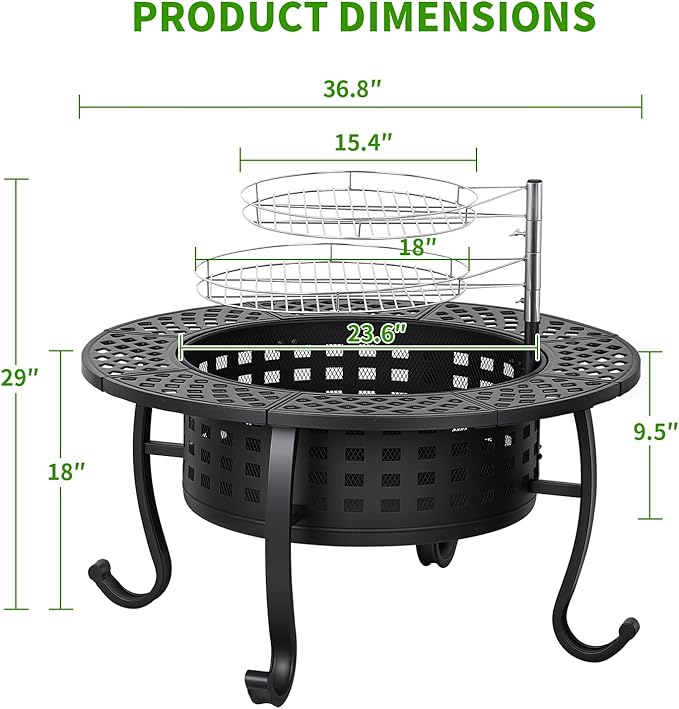 FDW 36 Inch Fire Pit with 2 Adjustable Grills,Wood Burning Fire Pits for Outside with Lid & Fire Poker, BBQ& Outdoor Firepit & Round Metal Table 3 in 1 for Patio, Picnic, Party