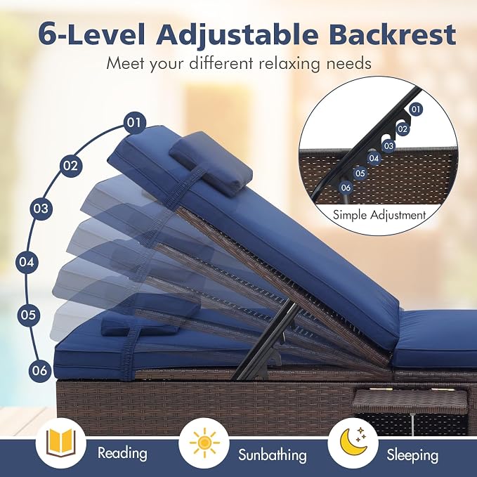 Tangkula Patio Chaise Lounge, Outdoor Rattan Lounge Chair w/ 6-Level Backrest, Comfy Seat Cushion & Headrest, Sturdy Metal Frame, Outside Reclining Chair for Backyard, Poolside (1, Navy)