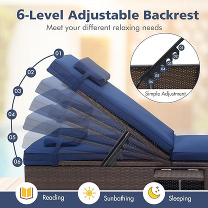 Tangkula Patio Chaise Lounge, Outdoor Rattan Lounge Chair w/ 6-Level Backrest, Comfy Seat Cushion & Headrest, Sturdy Metal Frame, Outside Reclining Chair for Backyard, Poolside (1, Navy)
