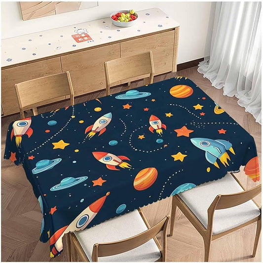 Table Cloth Galaxy Space, Cute Spacecraft Planet Solar System Farmhouse Tablecloth Soft Table Cover for Kitchen Dinning Tabletop Decoration, 52x70 Inch Fitted Tablecloth