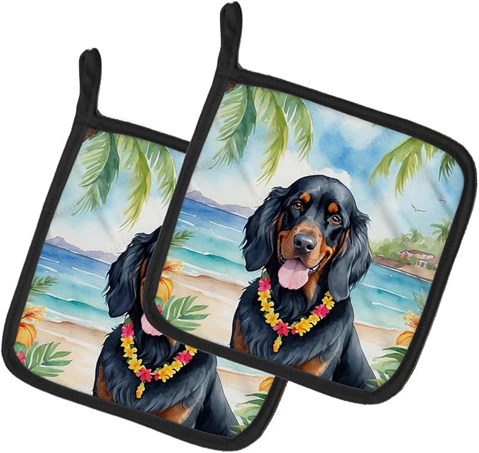 Caroline's Treasures Gordon Setter Luau Pair of Pot Holders Kitchen Heat Resistant Pot Holders Sets Oven Hot Pads for Cooking Baking BBQ, 7 1/2 x 7 1/2