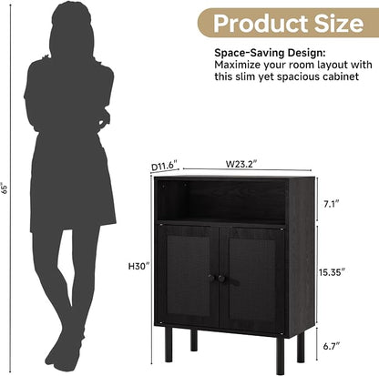 Rattan Storage Cabinet, Boho Accent Cabinet with Double Doors | Small Freestanding Sideboard for Hallway, Laundry Room,Kitchen, Dining Room, Entryway (Black)