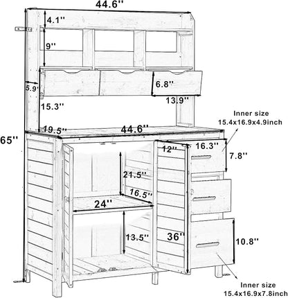 Merax Farmhouse Potting Bench with 6 Drawers, 44.6” Large Garden Workstation, Outdoor Kitchen Island with Bottom Cabinet & Hooks, Freestanding Patio Furniture,Natural Wood