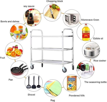 Nisorpa 3 Tier Kitchen Rolling Cart, Stainless Steel, L30 x W16 x H33 Inch | Utility Cart with Wheels, Serving Trolley, Catering Storage Shelf, 2 Lockable Wheels, For Hotel, Restaurant, Home Use