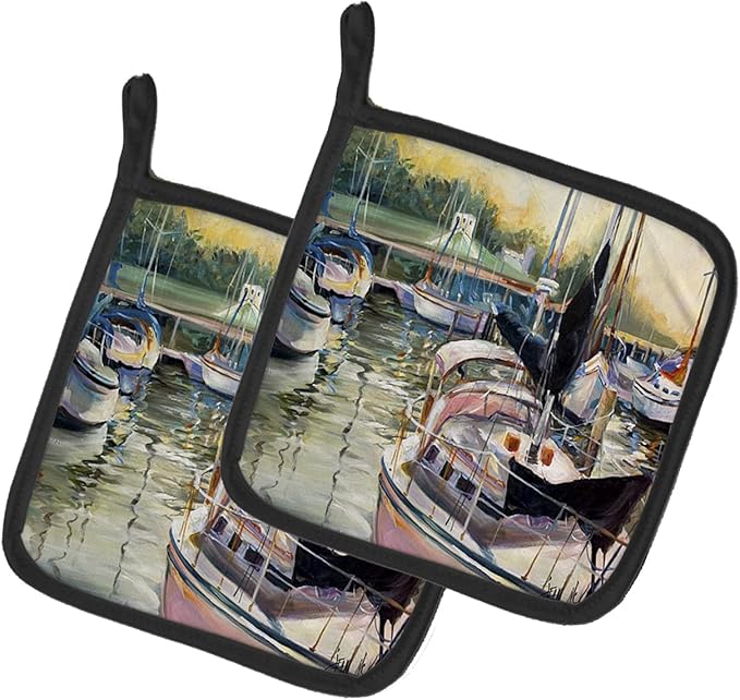 Caroline's Treasures JMK1246PTHD Black Sails Sailboats Pair of Pot Holders Kitchen Heat Resistant Pot Holders Sets Oven Hot Pads for Cooking Baking BBQ, 7 1/2 x 7 1/2