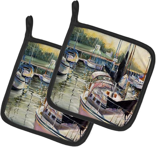 Caroline's Treasures JMK1246PTHD Black Sails Sailboats Pair of Pot Holders Kitchen Heat Resistant Pot Holders Sets Oven Hot Pads for Cooking Baking BBQ, 7 1/2 x 7 1/2