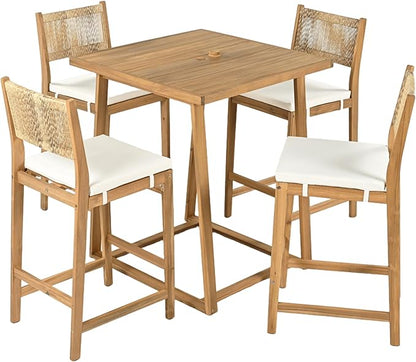 Christopher Knight Home Barron 5-Piece Acacia Wood Patio Bar Set, Patio Bar Table and Stools Set, Soft Seat Cushions, Rattan/Wicker Dining Set for Garden, Backyard, Poolside, Balcony, Teak + Beige