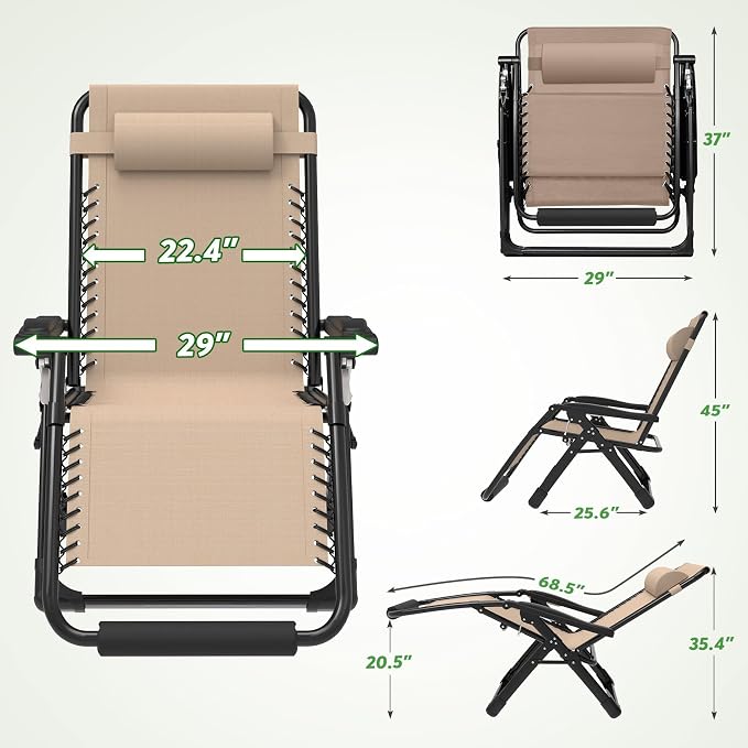 ZENPETIO 29In XL Zero Gravity Chair, 440LBS with Cushion | Anti Gravity Recliner Lounge Chair with Aluminum Alloy Lock & Footrest, 90-170° Adjustable, for Lawn Patio Indoor Outdoor