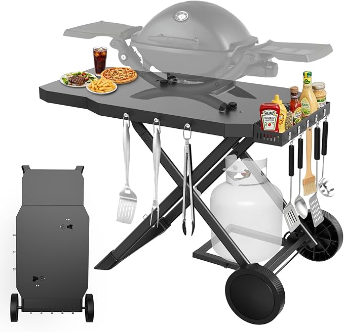 Grill Cart for Weber Q1200, Q1000, Q2200, Q2400, Portable Grill Stand for Blackstone 17"& 22" Table Top Griddles, Foldable Grill Cart for Pizza Ovens with Shelf for Gas Cylinder