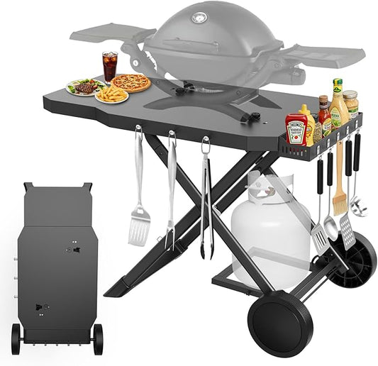 Grill Cart for Weber Q1200, Q1000, Q2200, Q2400, Portable Grill Stand for Blackstone 17"& 22" Table Top Griddles, Foldable Grill Cart for Pizza Ovens with Shelf for Gas Cylinder