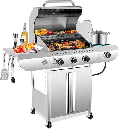 Electactic 3-Burner Propane Gas Grill with Side Burner, 34,000 BTU Stainless Steel BBQ Grill with Enameled Cast Iron Grates, Built-In Thermometer, Barbecue Grill for Outdoor Cooking, Patio, Tailgates
