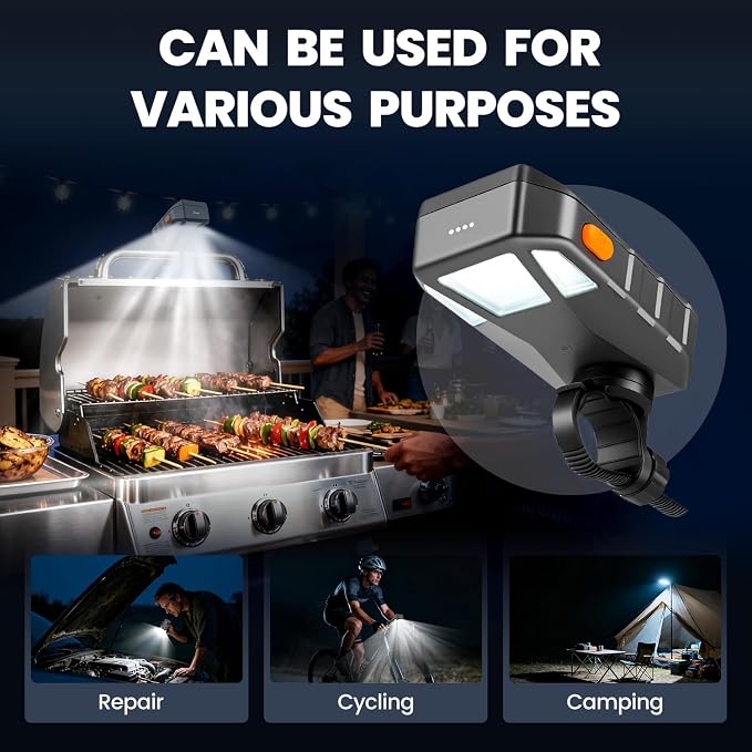 Grill Light BBQ Light for Blackstone and Weber Grill, Auto On and Off | 160° beam, 2 brightness levels, 4000mAh, USB-C Charge, IP54 Waterproof, Grilling Accessories Grill Gifts for Men Dad Husband