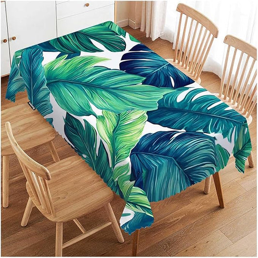Swono Tropical Leaves Tablecloth Ocean Beach Turquoise Green Palm Leaves Rectangle Table Cloth Washable Plaid Table Cover for Kitchen Holiday Dinner, 52x 70 Inch Tablecloth