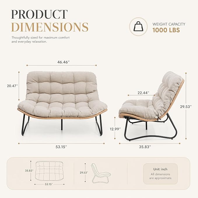 Outdoor Loveseat 2-Seat Wicker Rattan Boho Patio Sofa Beige 2PC | 53"x36"x30", 13" seat height. 4" thick cushions, 1000lb cap. All-weather PE rattan, rust-proof frame. Beige, 2PC.