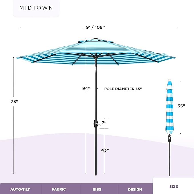Midtown Umbrellas The Lean 9 Feet Outdoor Umbrella With Terylast Cobalt Stripes (Blue/White Stripes) Polyester Fabric - Auto-Tilt Aluminum Frame Patio Umbrella For Deck, Garden, Pool - Black Pole