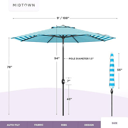 Midtown Umbrellas The Lean 9 Feet Outdoor Umbrella With Terylast Cobalt Stripes (Blue/White Stripes) Polyester Fabric - Auto-Tilt Aluminum Frame Patio Umbrella For Deck, Garden, Pool - Black Pole