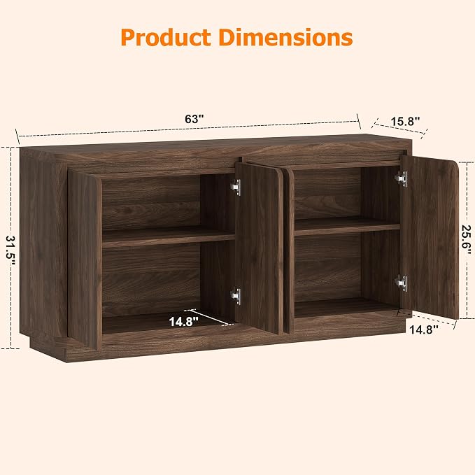 knoworld 63" Buffet Cabinet with Storage & Power Outlet, Wood Sideboard Credenza with Double-Arc Doors, Modern Coffee Bar Console Table for Kitchen Dining Room, Walnut