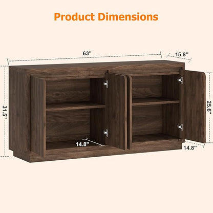 knoworld 63" Buffet Cabinet with Storage & Power Outlet, Wood Sideboard Credenza with Double-Arc Doors, Modern Coffee Bar Console Table for Kitchen Dining Room, Walnut