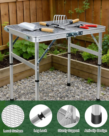 Small 2ft Folding Table with Carry Handle, Adjustable Height 10.6" or 22", Silver Metal Mesh, Portable & Compact Indoor/Apartment/Card/Side/Grill Table, 23.6"Lx15.8"W, Lightweight 4 lb, 66 lb Capacity
