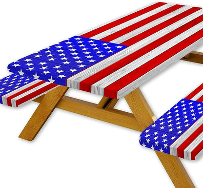 JAWO American Flag Picnic Table Cover with Bench Covers Vintage Camping RV Essentials Waterproof Windproof Fitted Outdoor Tablecloth with Elastic Rectangle Table Cloth Camping Accessories, 30x60in