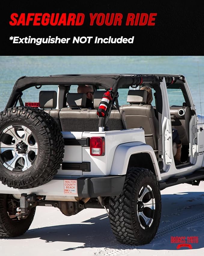 Badass Moto Fire Extinguisher Mount for Jeep - Roll Cage Holder, Adjustable for Wrangler JL, JK, JKU, TJ, CJ, Gladiator & Bronco, Fits Through 2026, No Drill, Off Road - Jeep/Bronco, Black, 2 Pack