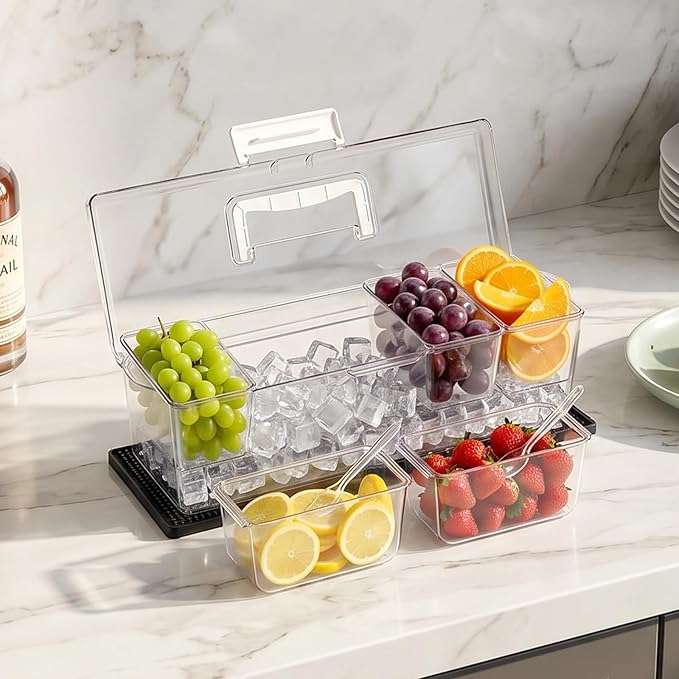 VEVOR Chilled Condiment Server Caddy, 5 Compartment Ice Cooled Serving Container, Plastic Fruit Garnish Tray Platter with Lid, for Taco Salad Bar Accessories, Party Home Restaurant Supplies