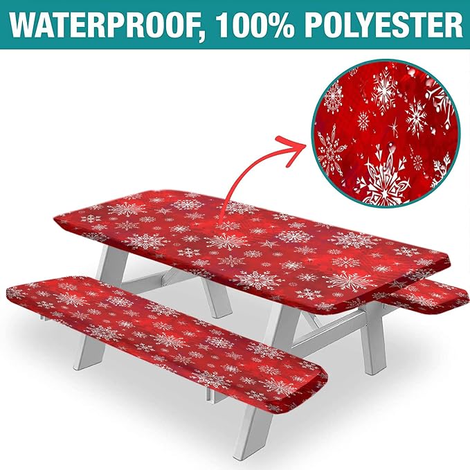 Christmas Picnic Fitted Tablecloth and Bench Covers, 3 Pieces Set, White Snowflakes on Red Background Print Elastic Edged Table Cover, 72x28 Inch, Table Cover for Indoor/Outdoor Picnic, BBQ and Dining