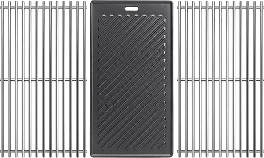 SafBbcue Replacement Parts for Monument Mesa 400, 25392 and 13478, A005 Cast Iron Griddle and 98888 Stainless Steel Grill Grates for Monument Grills 4-Burner Propane Gas Grill Accessories