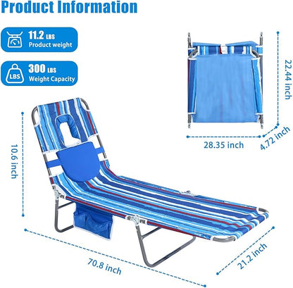 SUNNYFEEL Lay Flat Tanning Chair with Face Down Hole & Arm Slots, Backpack Beach Lounge Chair, 5-Position Folding Sunbathing Chair, 300 LBS Heavy Duty, 72" L x 22" W for Beach, Pool, Camping
