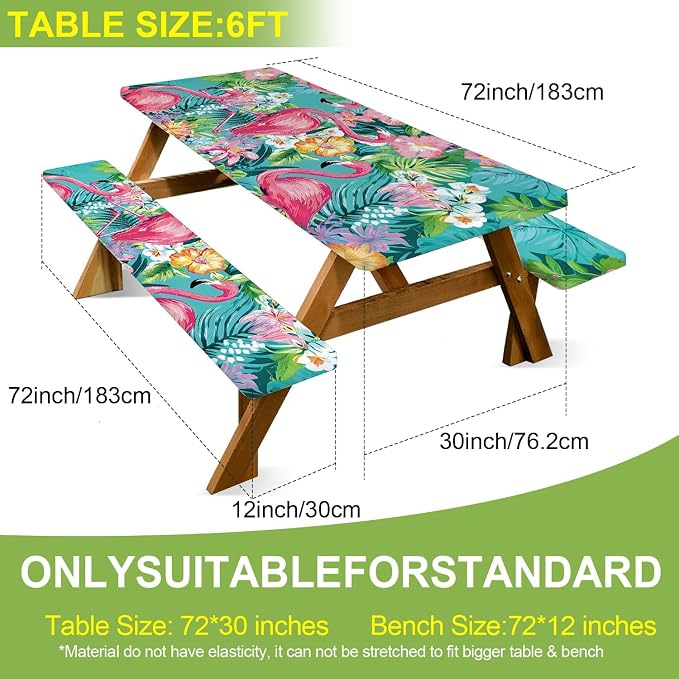 FOREVER QUEEN Tropical Flamingo Floral Picnic Table Cover with Bench Covers 3Pcs Set,72x30 Inch Fitted Rectangle Camping Tablecloth,Waterproof Windproof Outdoor Table Cover for Patio Backyard Camping