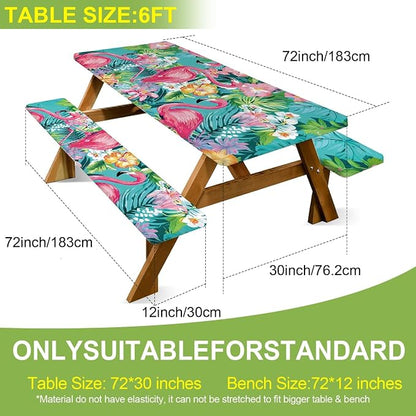 FOREVER QUEEN Tropical Flamingo Floral Picnic Table Cover with Bench Covers 3Pcs Set,72x30 Inch Fitted Rectangle Camping Tablecloth,Waterproof Windproof Outdoor Table Cover for Patio Backyard Camping