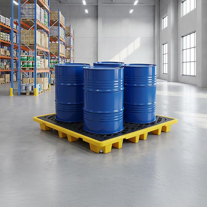 4-Drum Spill Containment Pallet | 51"x51"x6" Heavy-Duty Polyethylene Tray with Drain | Anti-Slip & Detachable Secondary Containment for Industrial 55-Gallon Storage