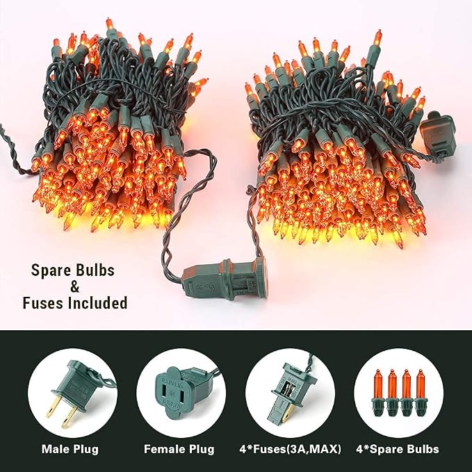 BrizLabs Orange Halloween Lights 300 Count 69.6ft Incandescent Light String | Connectable; UL Certified; Waterproof Outdoor Autumn Fall Mini Tree Lights Green Wire for Halloween Thanksgiving Xmas Indoor