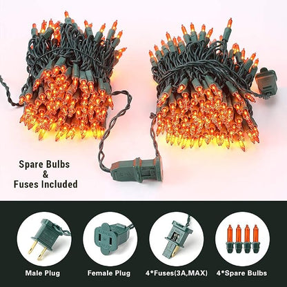 BrizLabs Orange Halloween Lights 300 Count 69.6ft Incandescent Light String | Connectable; UL Certified; Waterproof Outdoor Autumn Fall Mini Tree Lights Green Wire for Halloween Thanksgiving Xmas Indoor