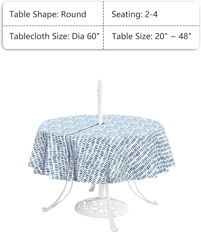 LVTXIII Outdoor Tablecloth with Umbrella Hole and Zipper, 60 Inch Water-Repellent Patio Table Cloth, Round Table Covers for Backyard Garden, Pebble Blue