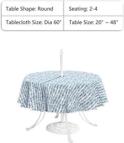 LVTXIII Outdoor Tablecloth with Umbrella Hole and Zipper, 60 Inch Water-Repellent Patio Table Cloth, Round Table Covers for Backyard Garden, Pebble Blue
