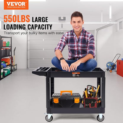 VEVOR Utility Service Cart 2 Shelf 550 lbs Heavy Duty Plastic Rolling Cart | Heavy Duty Utility Cart with 360° Swivel Wheels, Large Lipped Shelf, Ergonomic Storage Handle for Warehouse/Garage/Cleaning