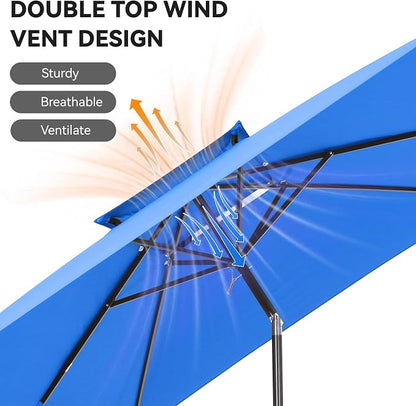 6.6 x 10 ft Rectangular Patio Umbrella, Outdoor Market Table Umbrella with Push Button Tilt and Crank, Double-Tier Vent, 6 Ribs, Rectangle Patio Umbrella for Backyard, Deck, Pool, Fits 4–6 Chairs and Tables (Blue)