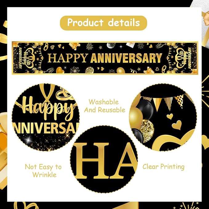 Black Golden Wedding Anniversary Table Runner 72 x 13 Inches | Happy Wedding Anniversary Decor, Linen Fabric, Washable Reusable Table Cover, Indoor Outdoor, Kitchen, Dining Table Decor