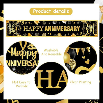 Black Golden Wedding Anniversary Table Runner 72 x 13 Inches | Happy Wedding Anniversary Decor, Linen Fabric, Washable Reusable Table Cover, Indoor Outdoor, Kitchen, Dining Table Decor
